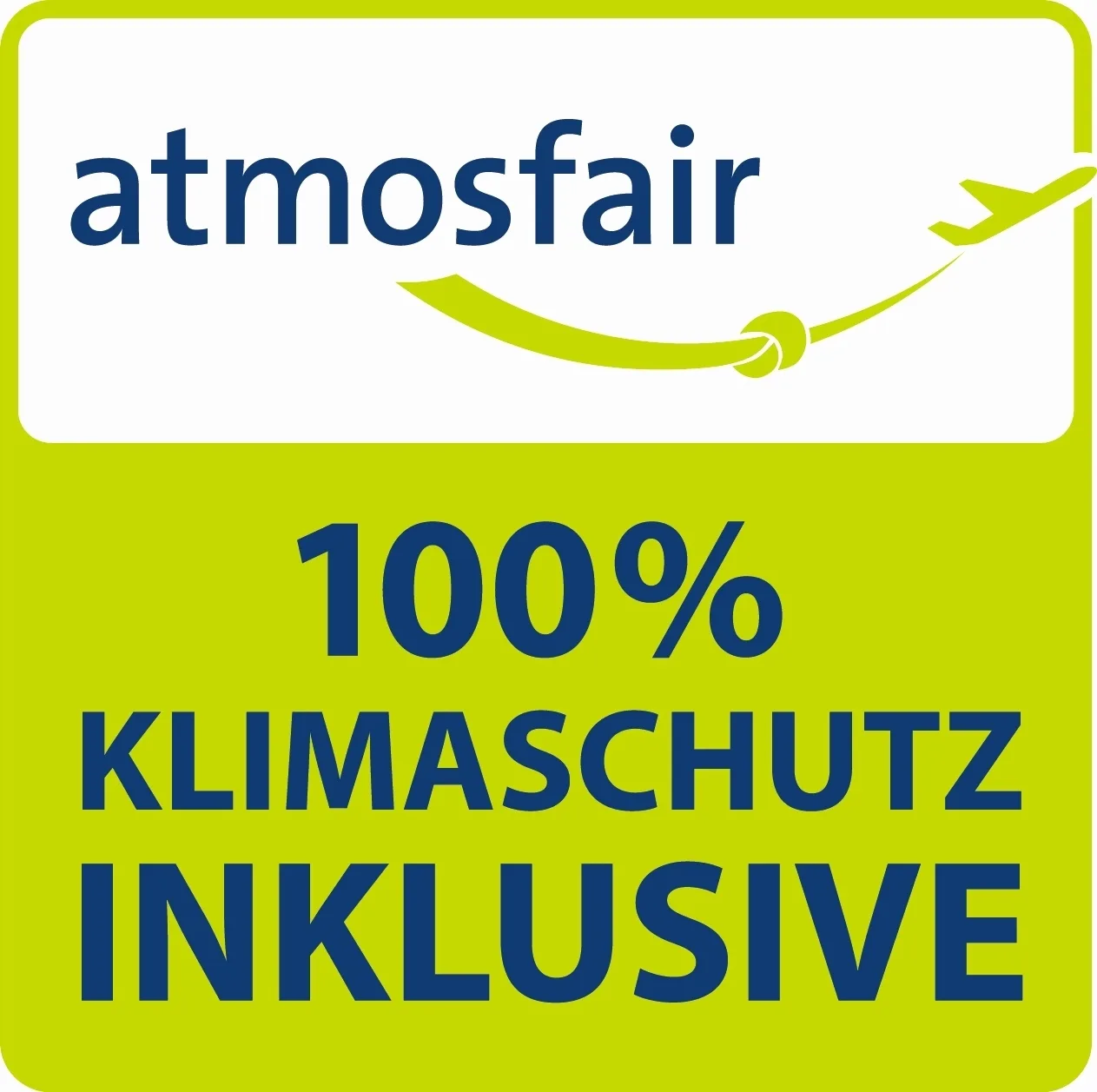 Atmosfair CO2 Kompensation Logo Logo der atmosfair CO2 Kompensation mit der Aufschrift: atmosfair - 100% Klimaschutz INKLUSIVE in grün, blau, weiß